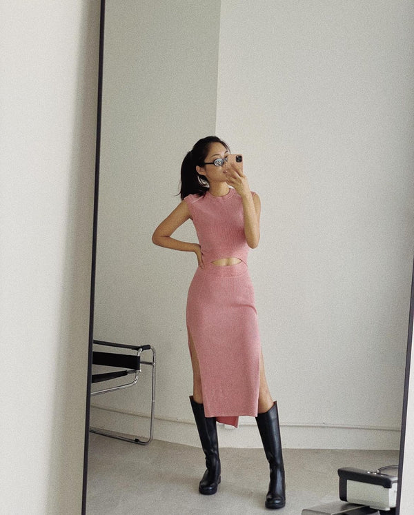 (Pre-Order) JÚNEE Mock Neck cut-out 2-tones ribbed sleeveless dress - JÚNEE