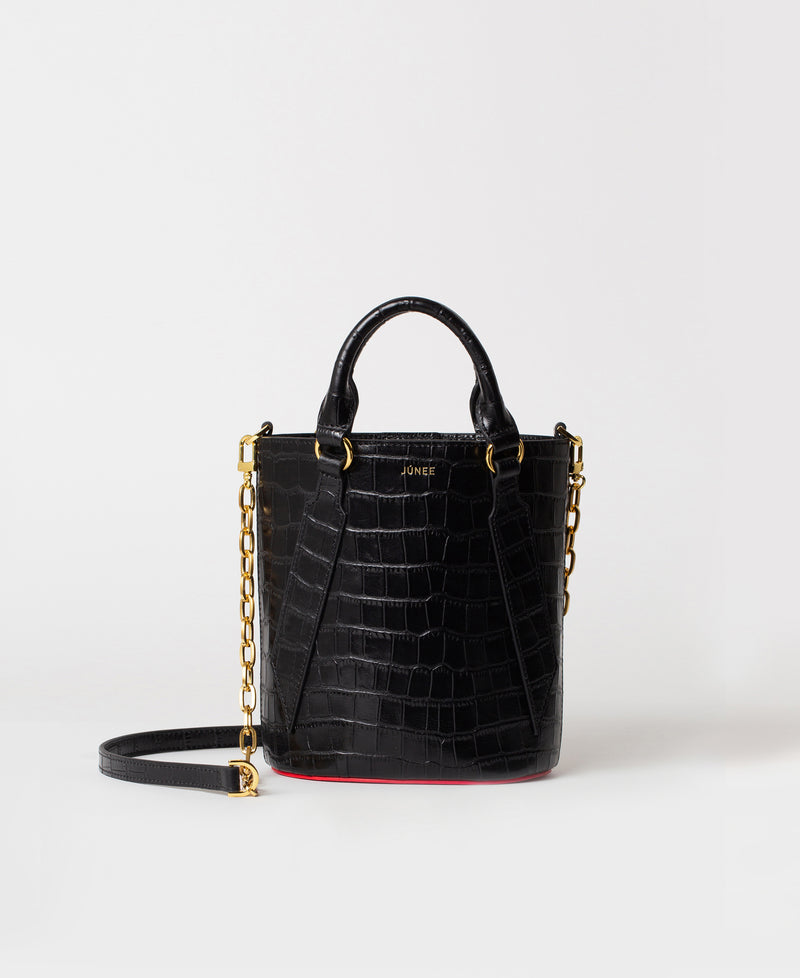 FREYJA Bucket Bag - "Black Croc Embossed" - JÚNEE