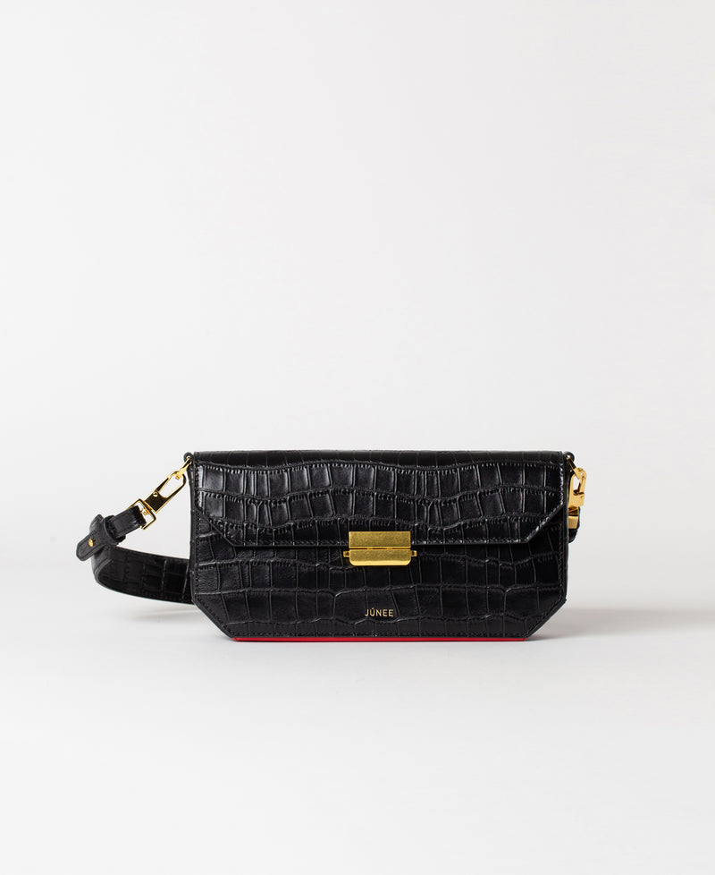 BAILA Baguette Clutch -  "Black Croc Embossed" - JÚNEE