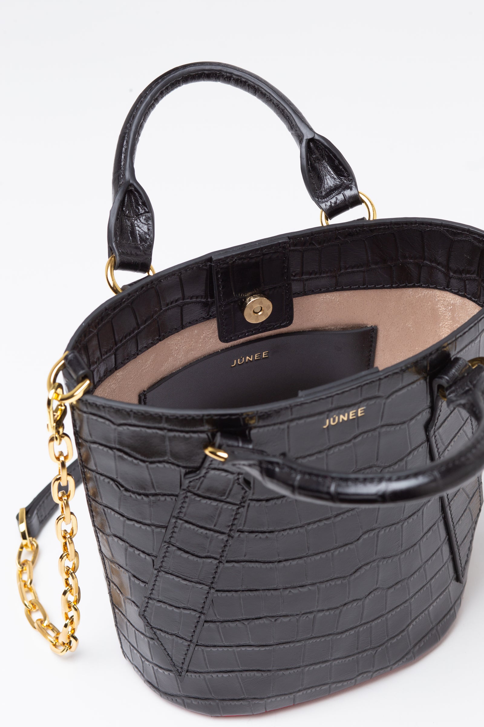 JÚNEE | FREYJA Bucket Bag in Black Croc Embossed
