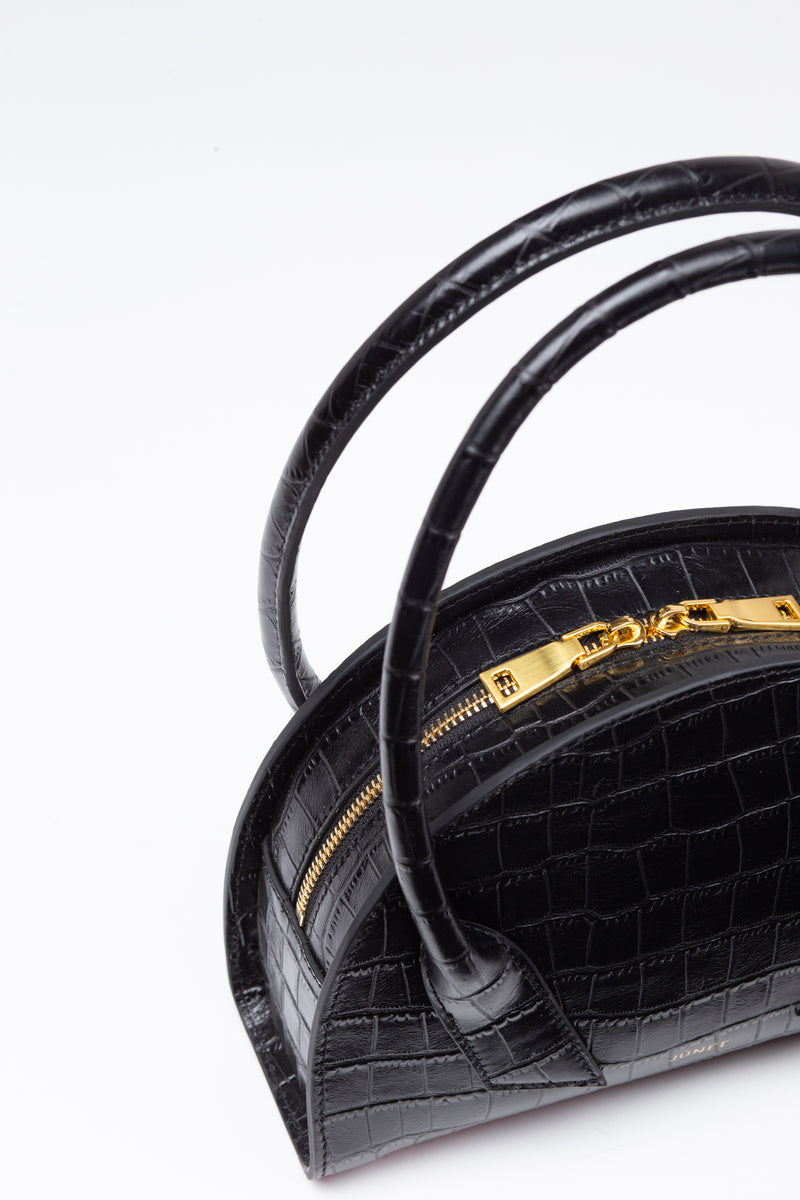 JÚNEE | ESTERA Half-Moon Black Croc Embossed Bag