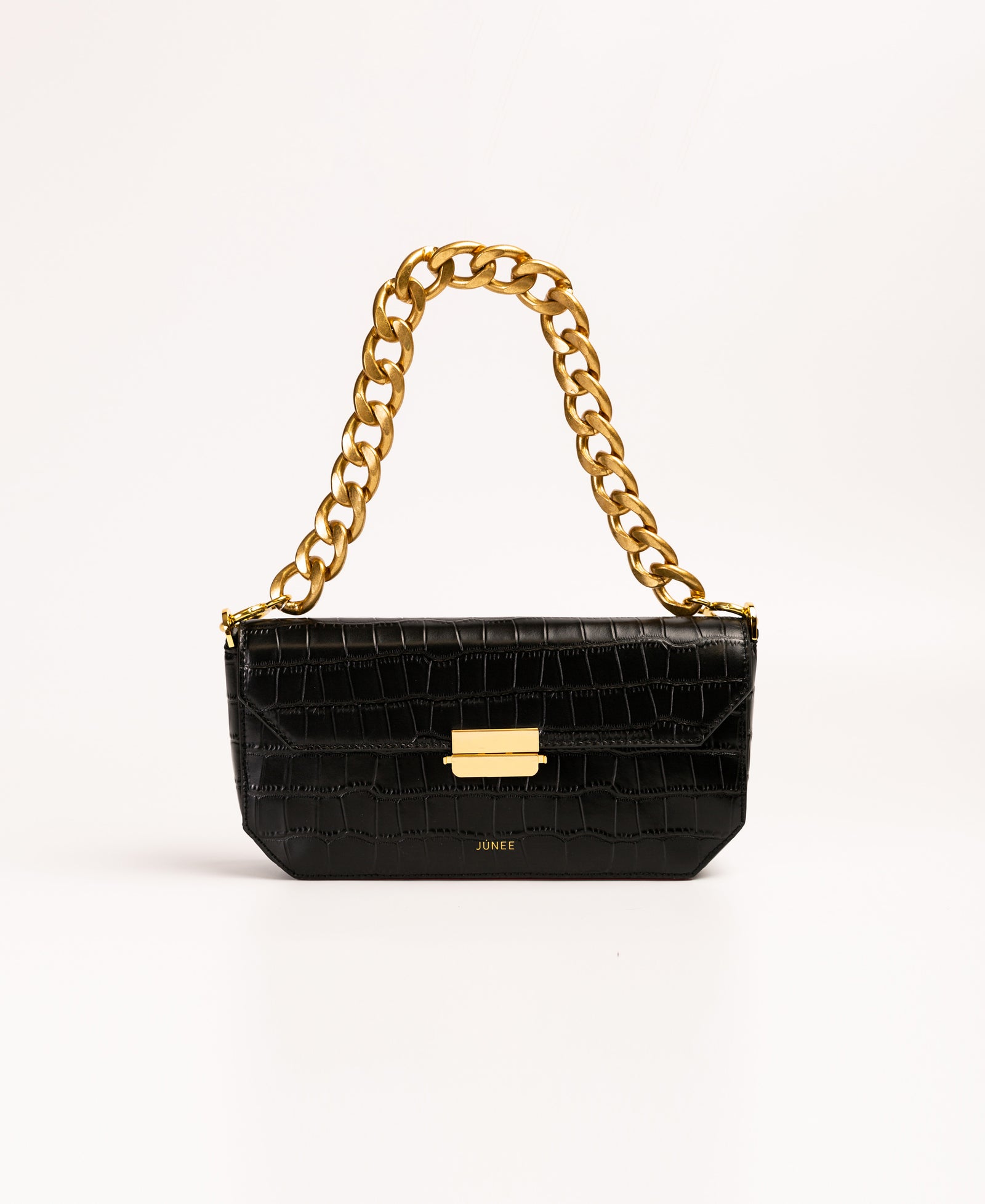 JÚNEE | BAILA Black Croc Embossed Baguette Clutch