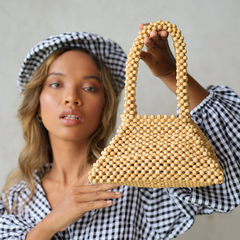 Pyramid Beaded Tote Bag in Toasted Beige by BrunnaCo - JÚNEE