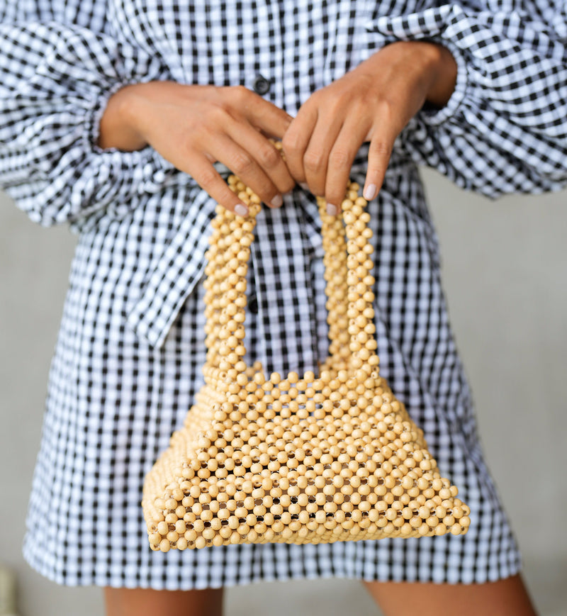 Pyramid Beaded Tote Bag in Toasted Beige by BrunnaCo - JÚNEE